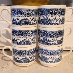 Vintage MCM Blue Willow Nesting Coffee Cups Stacking Mugs Marked USA